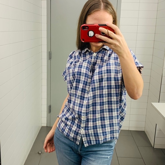 Madewell plaid open back baggy shoulder denim top - Picture 7 of 8